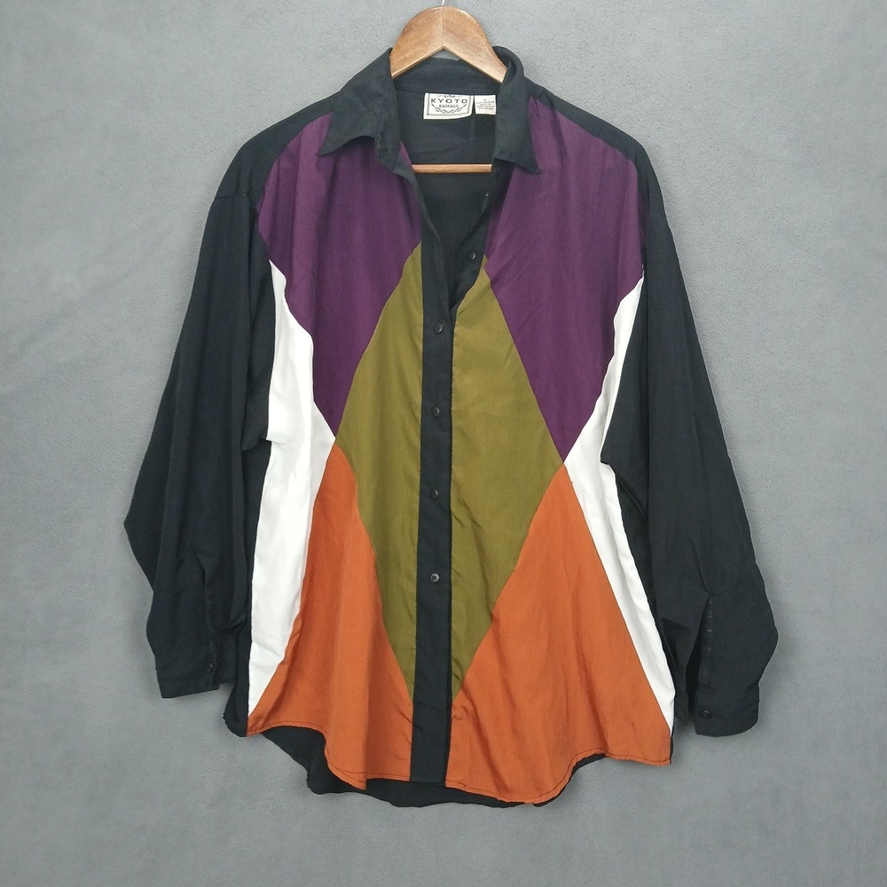 Kyoto Kasuals Shirt Womens Medium Multicolor Colorblock Curved Hem Button Up